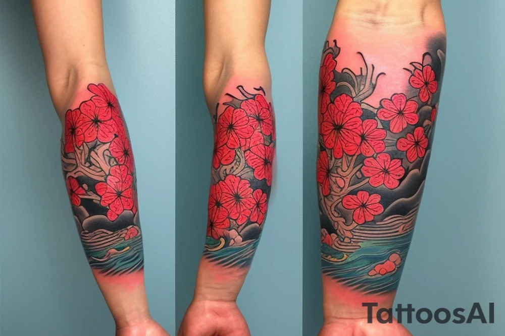 Arm sleeve, 3/4 length. At the top is a sun with rays beaming from it, below it add ocean waves, a coy fish and red cherry blossoms tattoo idea