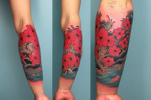 Arm sleeve, 3/4 length. At the top is a sun with rays beaming from it, below it add ocean waves, a coy fish and red cherry blossoms tattoo idea