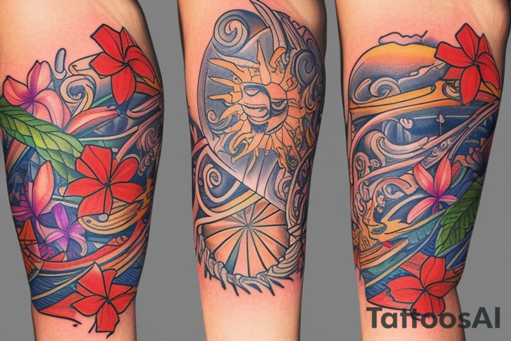 Arm sleeve, 3/4 length. At the top is a sun with rays beaming from it, below it add ocean waves, a hawaiian hula girl and Hawaiian flowers tattoo idea