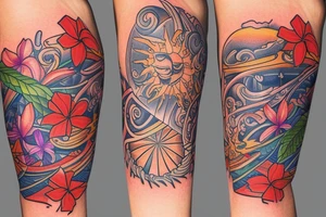 Arm sleeve, 3/4 length. At the top is a sun with rays beaming from it, below it add ocean waves, a hawaiian hula girl and Hawaiian flowers tattoo idea