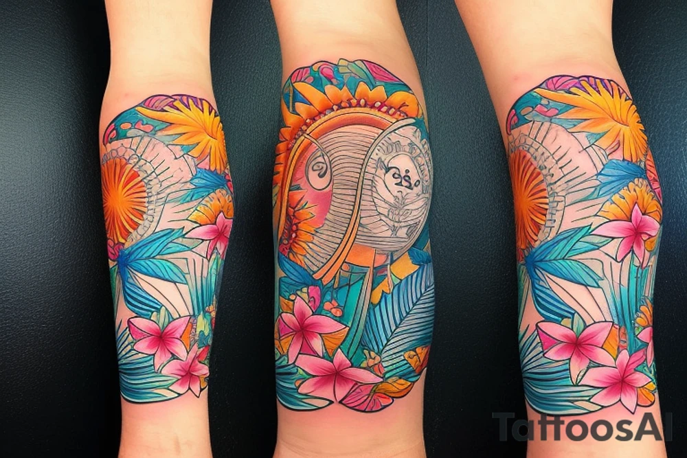 Arm sleeve, 3/4 length. At the top is a sun with rays beaming from it, below it add ocean waves, a hawaiian hula girl and Hawaiian flowers tattoo idea