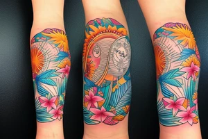 Arm sleeve, 3/4 length. At the top is a sun with rays beaming from it, below it add ocean waves, a hawaiian hula girl and Hawaiian flowers tattoo idea