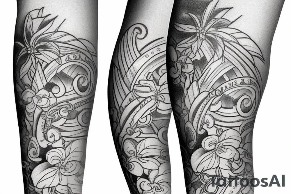 Arm sleeve, 3/4 length. At the top is a sun with rays beaming from it, below it add ocean waves, a hawaiian hula girl and Hawaiian flowers tattoo idea