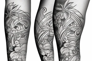 Arm sleeve, 3/4 length. At the top is a sun with rays beaming from it, below it add ocean waves, a hawaiian hula girl and Hawaiian flowers tattoo idea