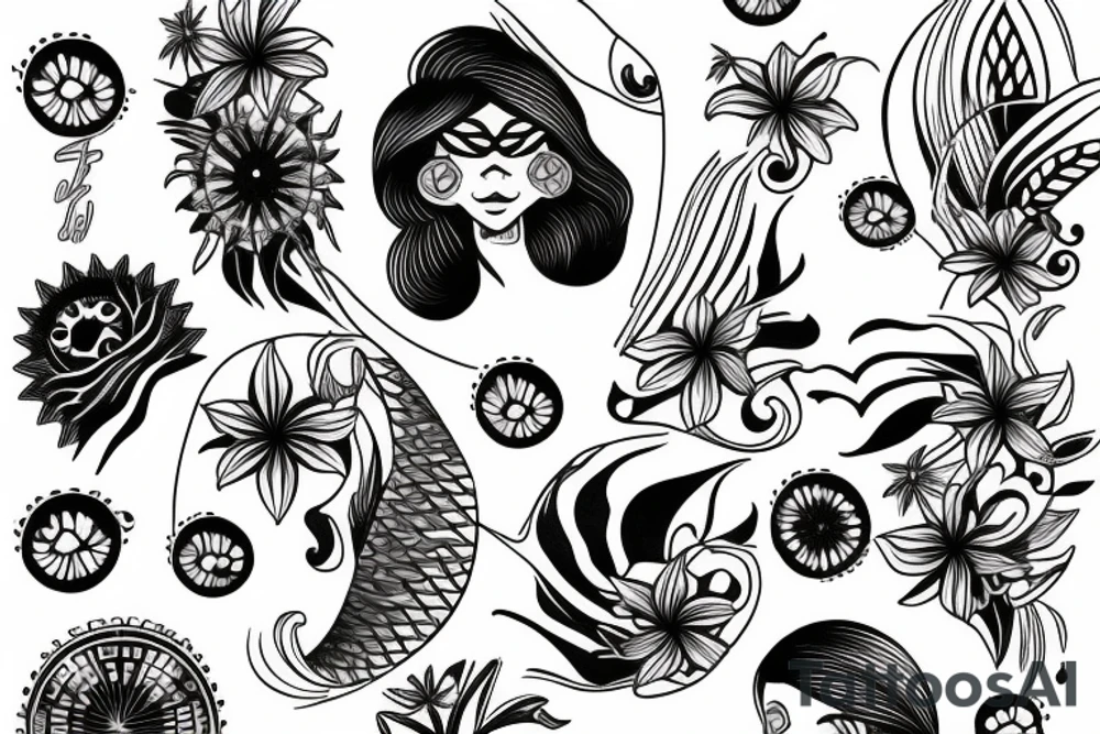 Arm sleeve, 3/4 length. At the top is a sun with rays beaming from it, below it add ocean waves, a hawaiian hula girl and Hawaiian flowers tattoo idea