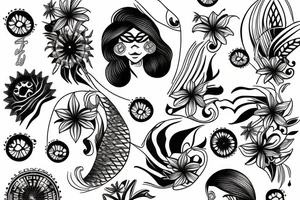 Arm sleeve, 3/4 length. At the top is a sun with rays beaming from it, below it add ocean waves, a hawaiian hula girl and Hawaiian flowers tattoo idea