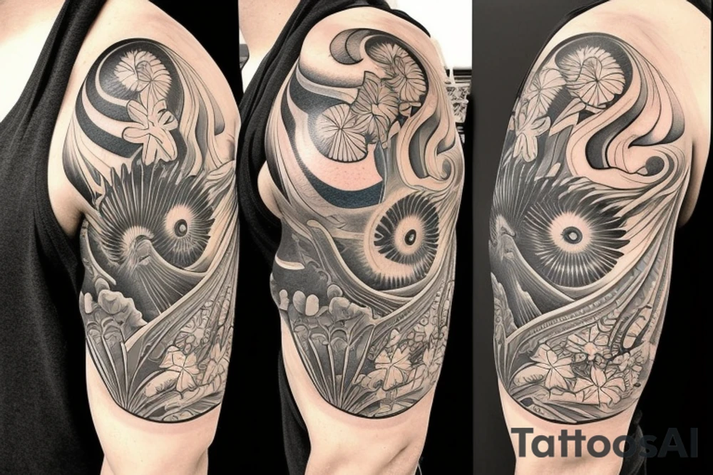 Shoulder sleeve, 3/4 length. At the top is a sun with rays beaming from it, below it add ocean waves, a hawaiian hula girl and Hawaiian flowers. For a man tattoo idea