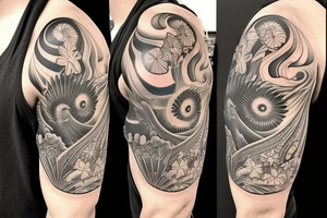 Shoulder sleeve, 3/4 length. At the top is a sun with rays beaming from it, below it add ocean waves, a hawaiian hula girl and Hawaiian flowers. For a man tattoo idea