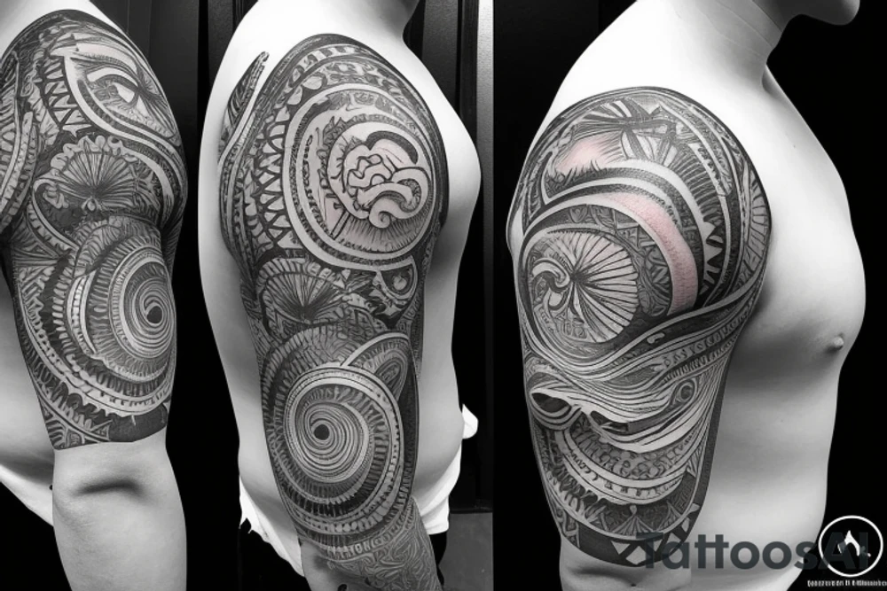 Shoulder sleeve, 3/4 length. At the top is a sun with rays beaming from it, below it add ocean waves, a hawaiian hula girl and Hawaiian flowers. For a man tattoo idea