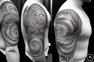Shoulder sleeve, 3/4 length. At the top is a sun with rays beaming from it, below it add ocean waves, a hawaiian hula girl and Hawaiian flowers. For a man tattoo idea