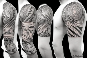 Shoulder sleeve, 3/4 length. At the top is a sun with rays beaming from it, below it add ocean waves, a hawaiian hula girl and Hawaiian flowers. For a man tattoo idea