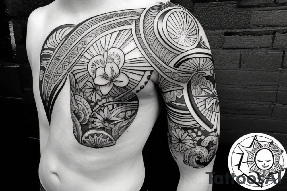 Shoulder sleeve, 3/4 length. At the top is a sun with rays beaming from it, below it add ocean waves, a hawaiian hula girl and Hawaiian flowers. For a man tattoo idea