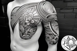 Shoulder sleeve, 3/4 length. At the top is a sun with rays beaming from it, below it add ocean waves, a hawaiian hula girl and Hawaiian flowers. For a man tattoo idea