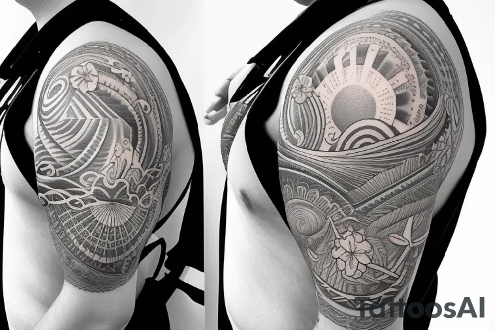 Shoulder sleeve, 3/4 length. At the top is a sun with rays beaming from it, below it add ocean waves, a hawaiian hula girl and Hawaiian flowers. For a man tattoo idea
