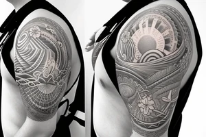 Shoulder sleeve, 3/4 length. At the top is a sun with rays beaming from it, below it add ocean waves, a hawaiian hula girl and Hawaiian flowers. For a man tattoo idea