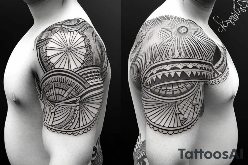 Shoulder sleeve, 3/4 length. At the top is a sun with rays beaming from it, below it add ocean waves, a hawaiian hula girl and Hawaiian flowers. For a man tattoo idea