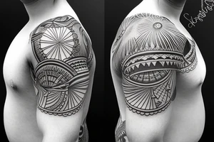Shoulder sleeve, 3/4 length. At the top is a sun with rays beaming from it, below it add ocean waves, a hawaiian hula girl and Hawaiian flowers. For a man tattoo idea