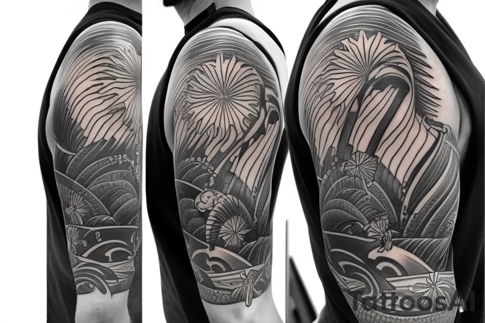 Shoulder sleeve, 3/4 length. At the top is a sun with rays beaming from it, below it add ocean waves, a hawaiian hula girl and Hawaiian flowers. For a man tattoo idea