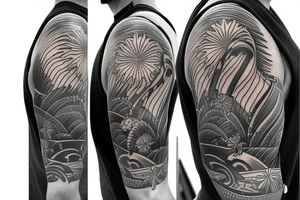 Shoulder sleeve, 3/4 length. At the top is a sun with rays beaming from it, below it add ocean waves, a hawaiian hula girl and Hawaiian flowers. For a man tattoo idea