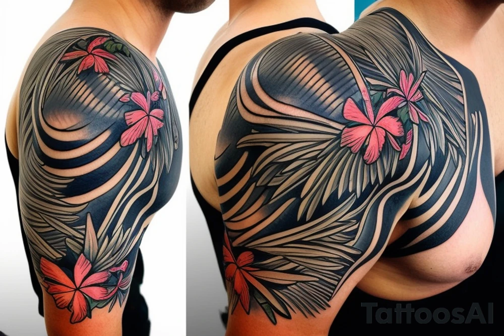 Shoulder sleeve, 3/4 length. At the top is a sun with rays beaming from it, below it add ocean waves, a hawaiian hula girl and Hawaiian flowers. For a man tattoo idea