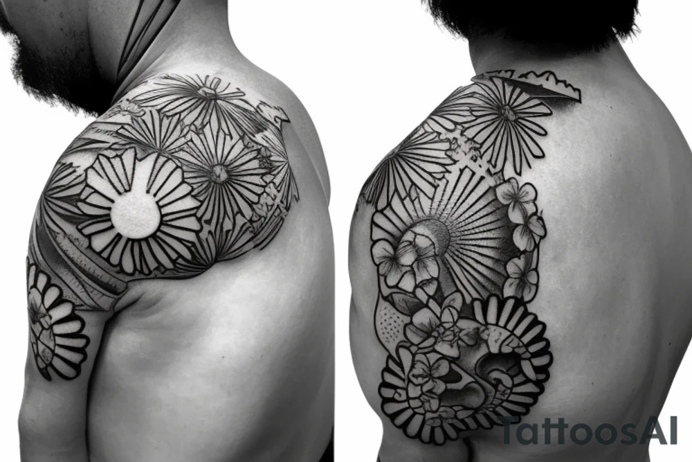 Shoulder sleeve, 3/4 length. At the top is a sun with rays beaming from it, below it add ocean waves, a hawaiian hula girl with grass skirt and flower in her ear and Hawaiian flowers. For a man tattoo idea