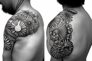 Shoulder sleeve, 3/4 length. At the top is a sun with rays beaming from it, below it add ocean waves, a hawaiian hula girl with grass skirt and flower in her ear and Hawaiian flowers. For a man tattoo idea