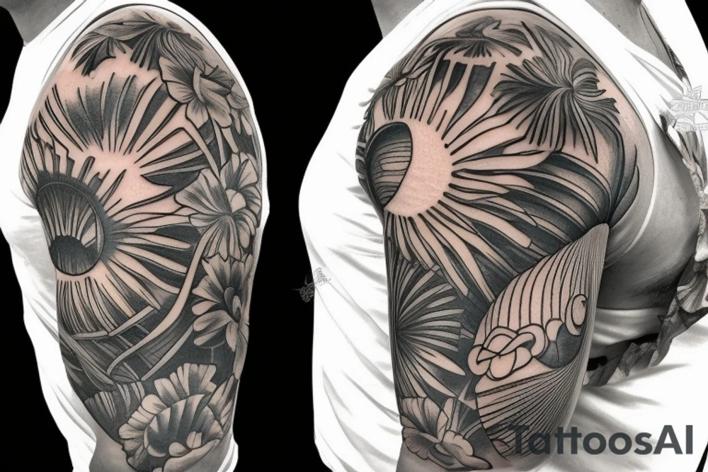 Shoulder sleeve, 3/4 length. At the top is a sun with rays beaming from it, below it add ocean waves, a hawaiian hula girl with grass skirt and flower in her ear and Hawaiian flowers. For a man tattoo idea
