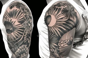 Shoulder sleeve, 3/4 length. At the top is a sun with rays beaming from it, below it add ocean waves, a hawaiian hula girl with grass skirt and flower in her ear and Hawaiian flowers. For a man tattoo idea