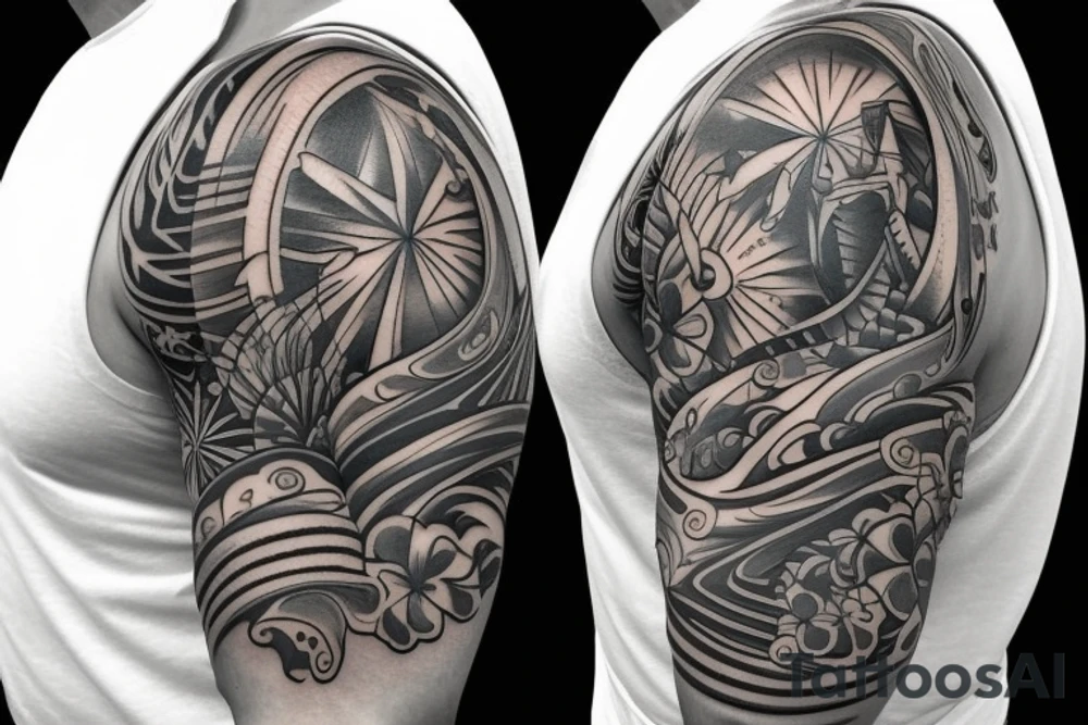 Shoulder sleeve, 3/4 length. At the top is a sun with rays beaming from it, below it add ocean waves, a hawaiian hula girl with grass skirt and flower in her ear and Hawaiian flowers. For a man tattoo idea