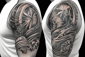 Shoulder sleeve, 3/4 length. At the top is a sun with rays beaming from it, below it add ocean waves, a hawaiian hula girl with grass skirt and flower in her ear and Hawaiian flowers. For a man tattoo idea