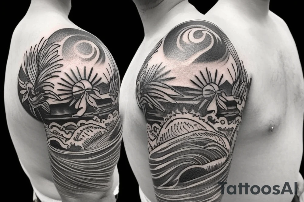 Shoulder sleeve, 3/4 length. At the top is a sun with rays beaming from it, below it add ocean waves, a hawaiian hula girl with grass skirt and flower in her ear and Hawaiian flowers. For a man tattoo idea