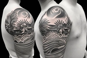 Shoulder sleeve, 3/4 length. At the top is a sun with rays beaming from it, below it add ocean waves, a hawaiian hula girl with grass skirt and flower in her ear and Hawaiian flowers. For a man tattoo idea
