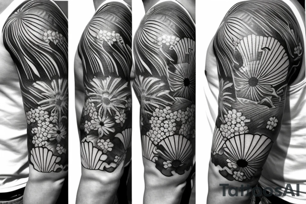 Shoulder sleeve, 3/4 length. At the top is a Japanese style sun with rays beaming from it, below it add ocean waves, a hawaiian hula girl with grass skirt and flower in her ear and Hawaiian flowers. For a man tattoo idea