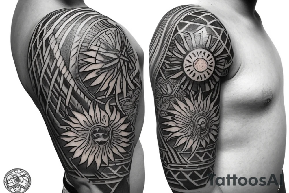 Shoulder sleeve, 3/4 length. At the top is a Japanese style sun with rays beaming from it, below it add ocean waves, a hawaiian hula girl with grass skirt and flower in her ear and Hawaiian flowers. For a man tattoo idea