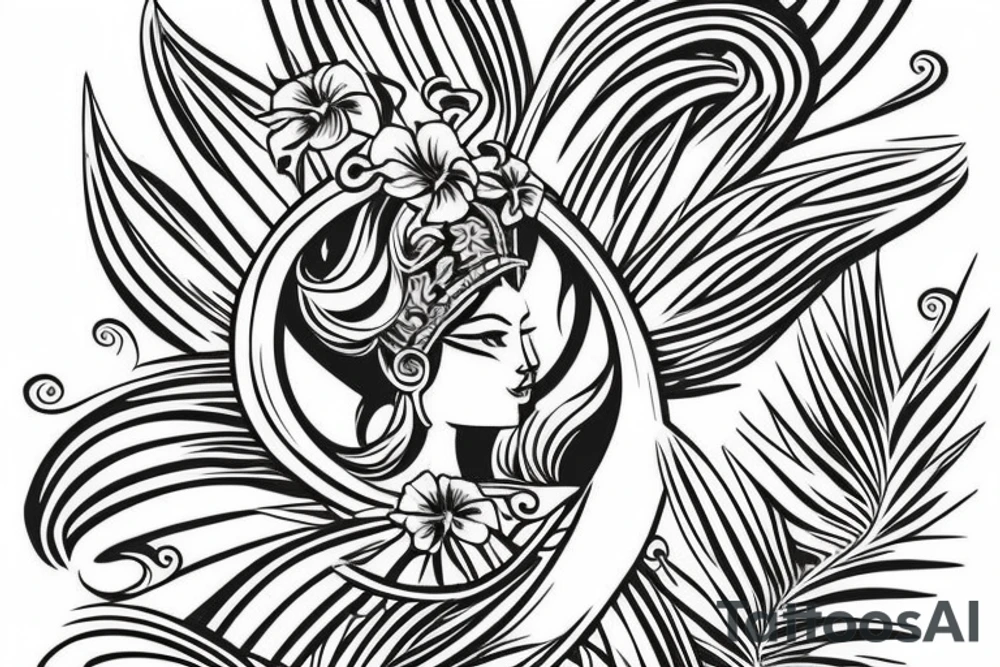 Shoulder sleeve, 3/4 length. At the top is a Japanese style sun with rays beaming from it, below it add ocean waves, a hawaiian hula girl with grass skirt and flower in her ear and Hawaiian flowers. For a man tattoo idea