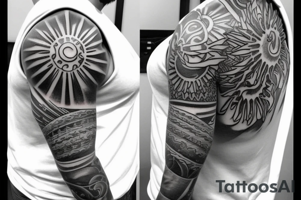 Shoulder sleeve, 3/4 length. At the top is a Japanese style sun with rays beaming from it, below it add ocean waves, a hawaiian hula girl with grass skirt and flower in her ear and Hawaiian flowers. For a man tattoo idea