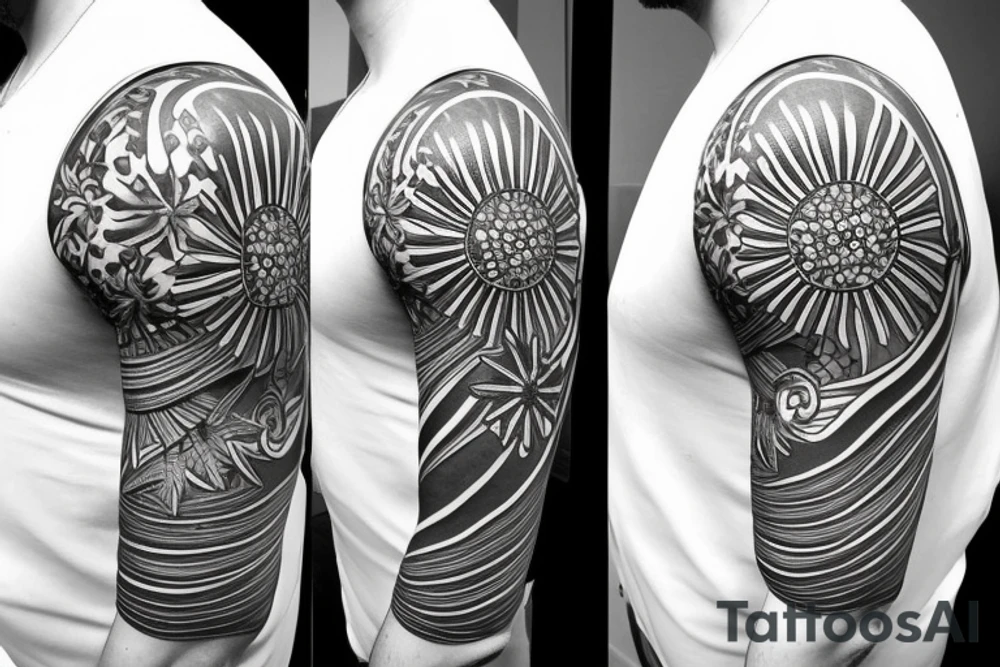 Shoulder sleeve, 3/4 length. At the top is a Japanese style sun with rays beaming from it, below it add ocean waves, a hawaiian hula girl with grass skirt and flower in her ear and Hawaiian flowers. For a man tattoo idea