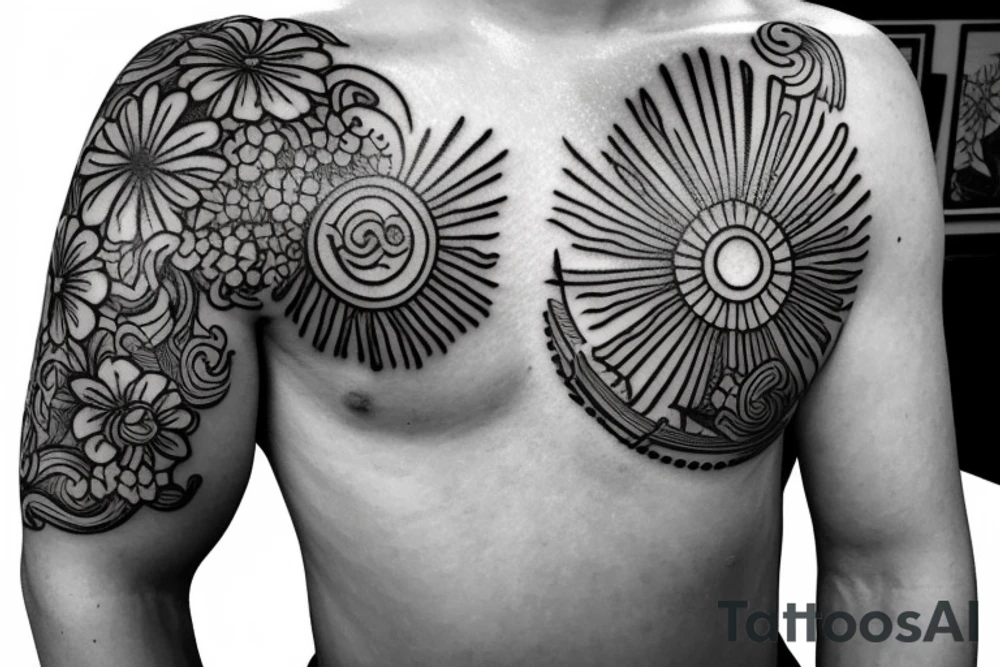 Shoulder sleeve, 3/4 length. At the top is a Japanese style sun with rays beaming from it, below it add ocean waves, a hawaiian hula girl with grass skirt and flower in her ear and Hawaiian flowers. For a man tattoo idea