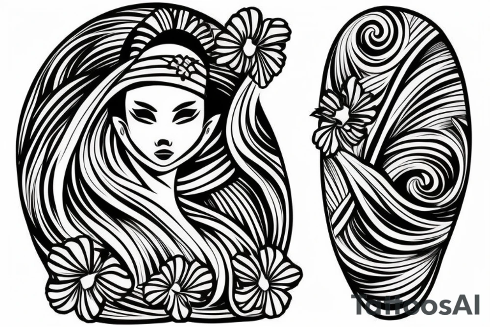 Shoulder sleeve, 3/4 length. At the top is a Japanese style sun with rays beaming from it, below it add ocean waves, a hawaiian hula girl with grass skirt and flower in her ear and Hawaiian flowers. For a man tattoo idea
