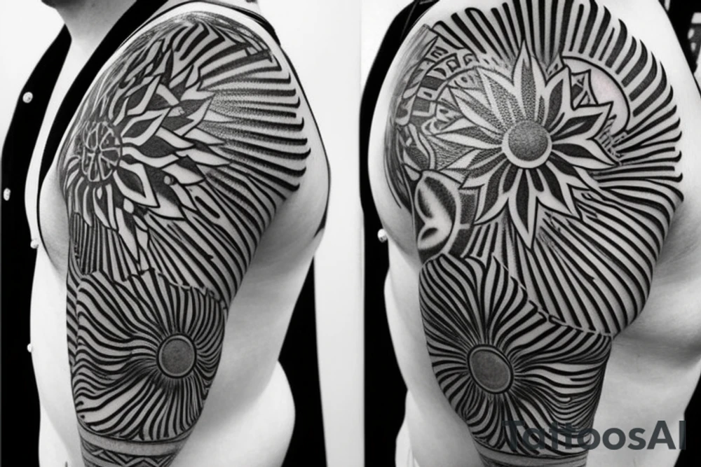 Shoulder sleeve, 3/4 length. At the top is a Japanese style sun with rays beaming from it, below it add ocean waves, a hawaiian hula girl with grass skirt and flower in her ear and Hawaiian flowers. For a man tattoo idea