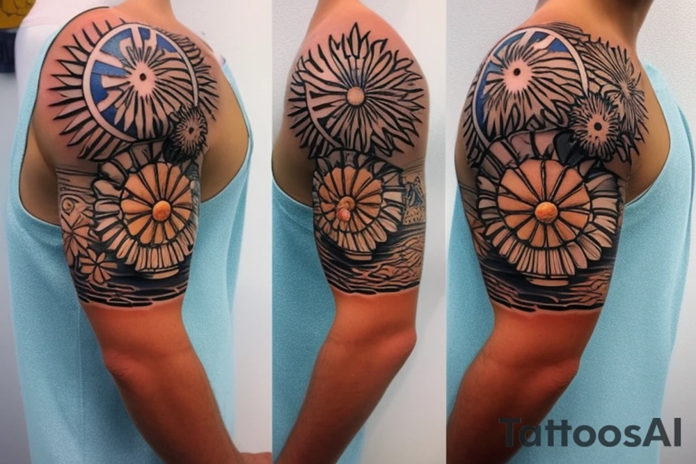 Shoulder sleeve, 3/4 length. At the top is a Japanese style sun with rays beaming from it, below it add ocean waves, a hawaiian hula girl with grass skirt and flower in her ear and Hawaiian flowers. For a man tattoo idea