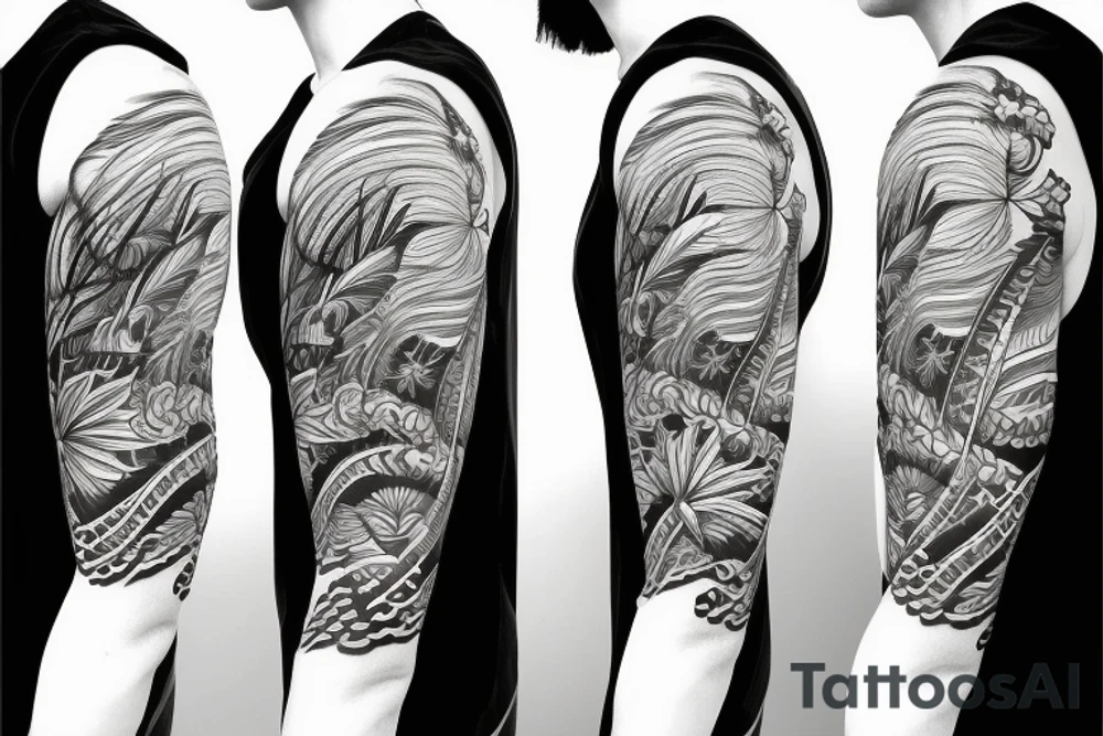 Shoulder sleeve, 3/4 length. Sun with rays beaming from it, hula girl with grass skirt, flowers and ocean waves tattoo idea