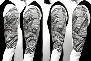 Shoulder sleeve, 3/4 length. Sun with rays beaming from it, hula girl with grass skirt, flowers and ocean waves tattoo idea