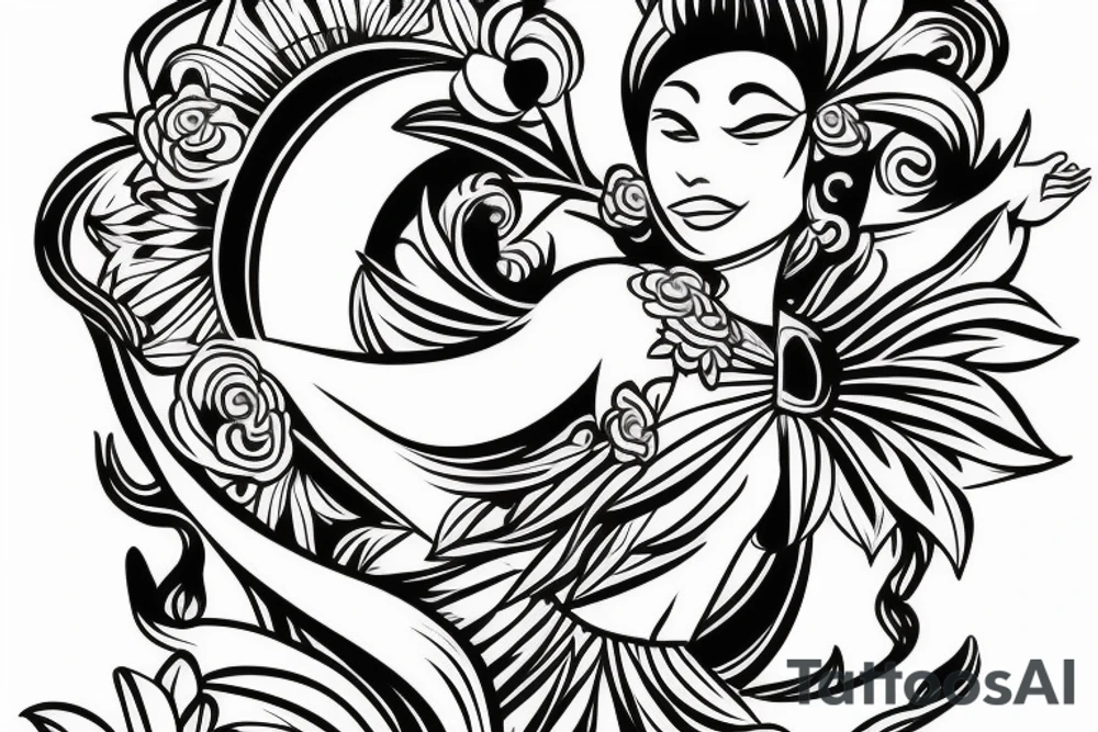 Shoulder sleeve, 3/4 length. Sun with rays beaming from it, hula girl with grass skirt, flowers and ocean waves tattoo idea