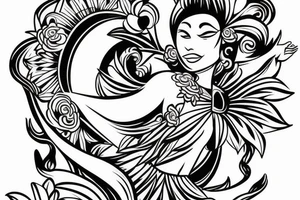 Shoulder sleeve, 3/4 length. Sun with rays beaming from it, hula girl with grass skirt, flowers and ocean waves tattoo idea