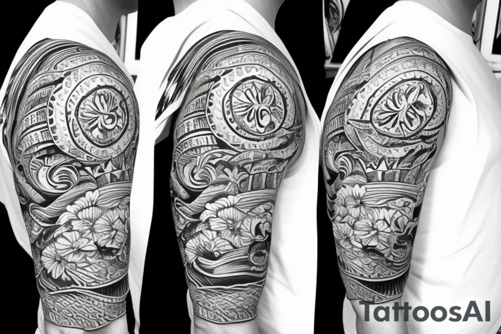Shoulder sleeve, 3/4 length. Sun with rays beaming from it, hula girl with grass skirt, flowers and ocean waves tattoo idea