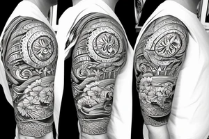 Shoulder sleeve, 3/4 length. Sun with rays beaming from it, hula girl with grass skirt, flowers and ocean waves tattoo idea