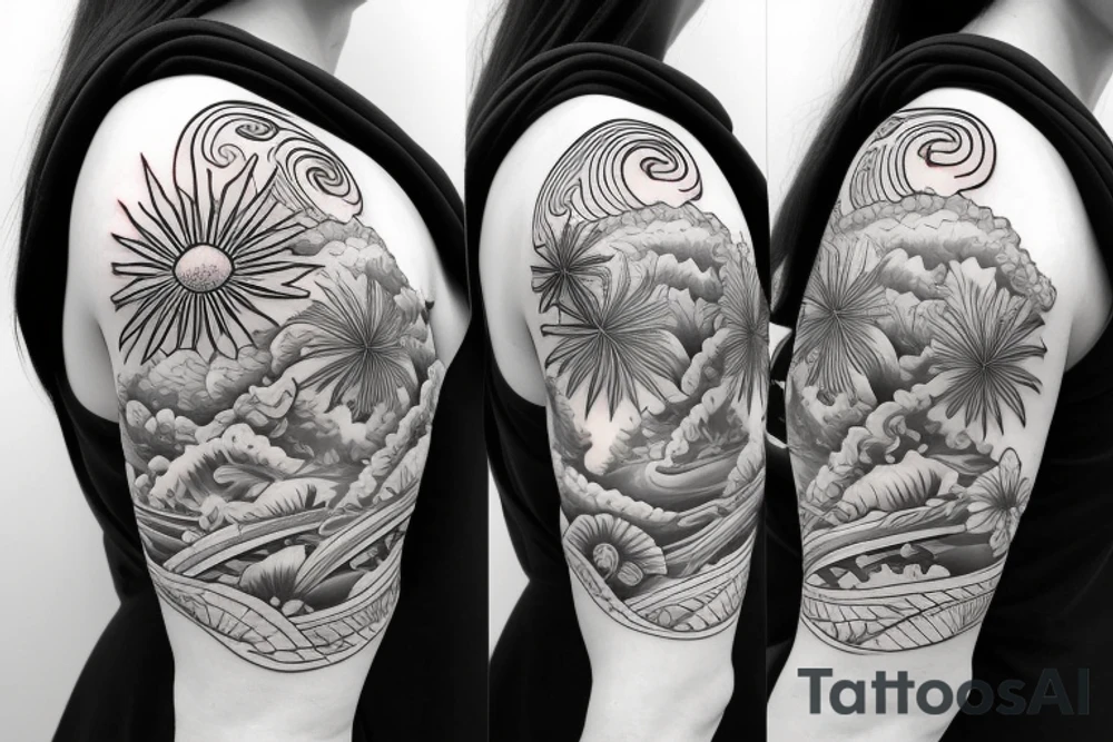 Shoulder sleeve, 3/4 length. Sun with rays beaming from it, hula girl with grass skirt, flowers and ocean waves tattoo idea