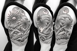 Shoulder sleeve, 3/4 length. Sun with rays beaming from it, hula girl with grass skirt, flowers and ocean waves tattoo idea