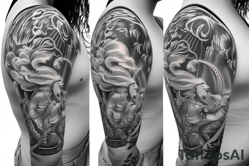 Shoulder sleeve, 3/4 length. Sun with rays beaming from it, hula girl with grass skirt, flowers and ocean waves tattoo idea